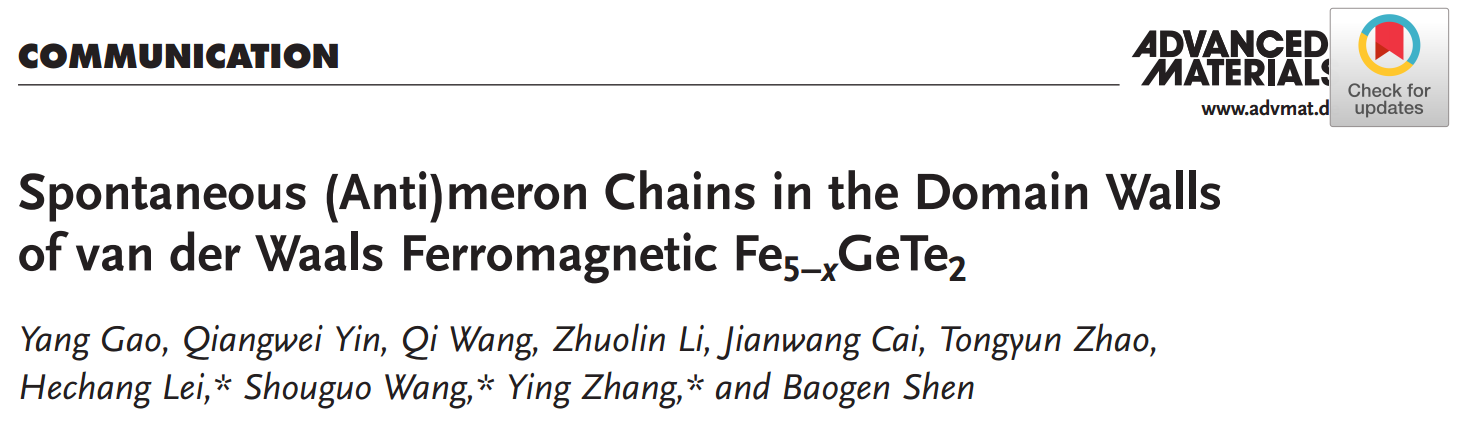相關研究成果以“Spontaneous (Anti)meron Chains in the Domain Walls of van der Waals Ferromagnetic Fe5-xGeTe2”為題發(fā)表在《Adv. Mater.》上。