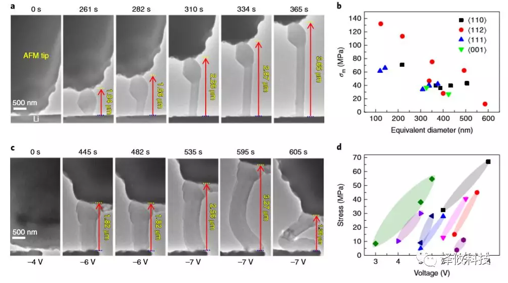 鋰晶須生長的原位AFM-ETEM成像以及在施加電壓下同時測量鋰晶須的應(yīng)力變化。 鋰晶須生長的原位AFM-ETEM成像以及在施加電壓下同時測量鋰晶須的應(yīng)力變化。